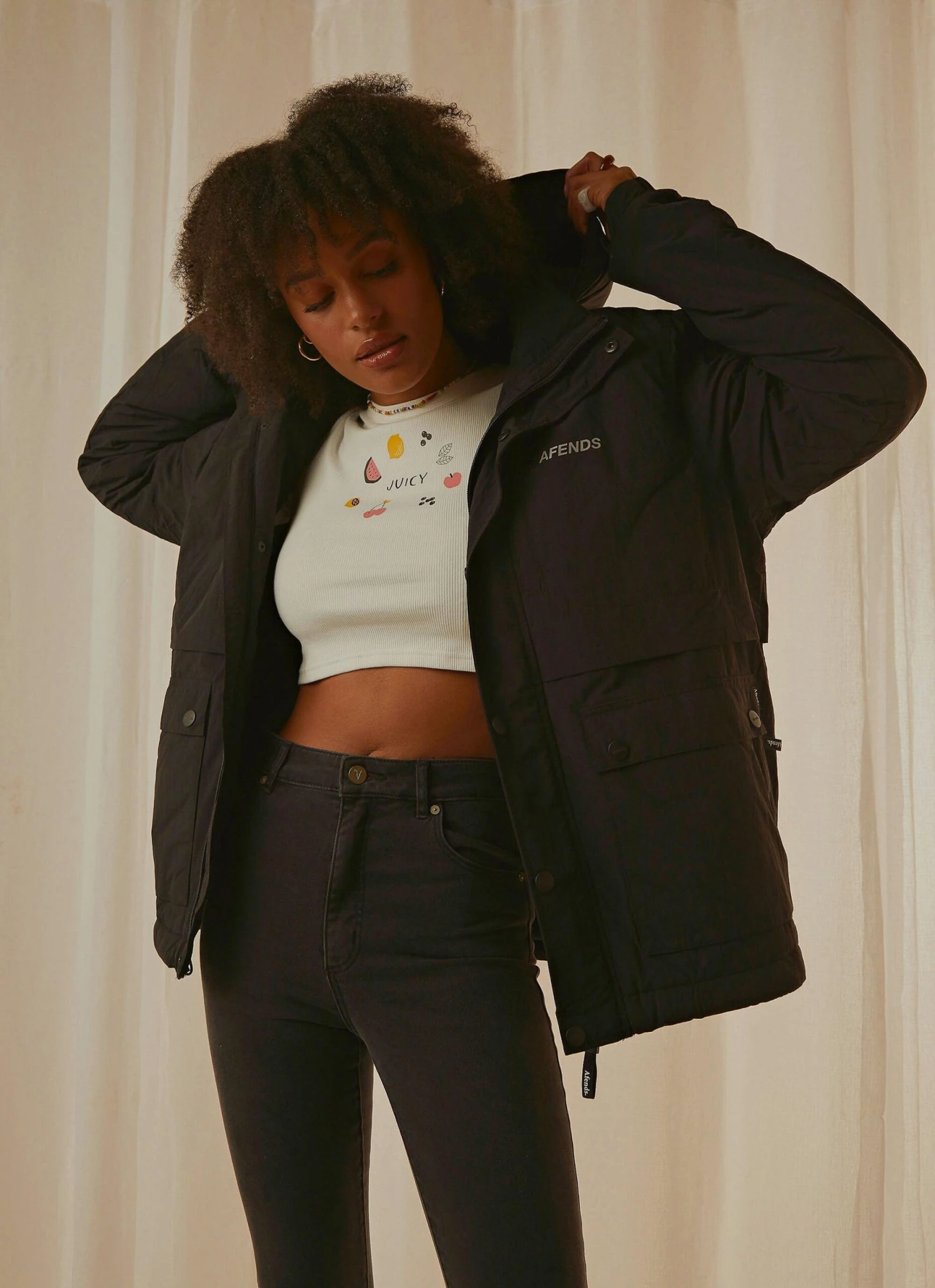 Afends Streetlights Unisex Recyled Nylon Anorak - Black 2 Afends Streetlights Unisex Recyled Nylon Anorak - Black - Image 2