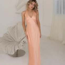 Heavy Hearted Satin Maxi Dress - Peach