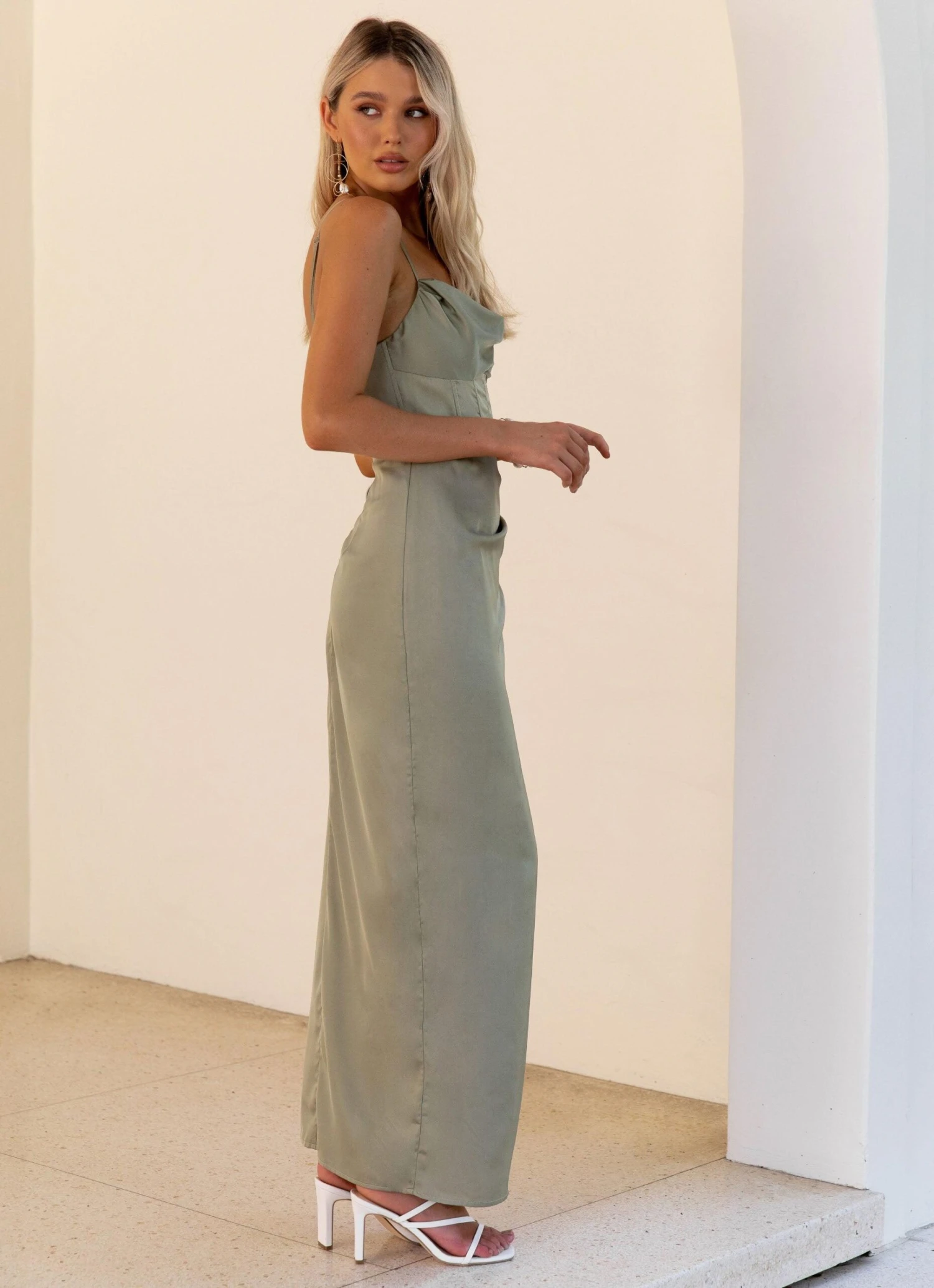 Takes Two Satin Maxi Dress - Olive 3 Takes Two Satin Maxi Dress - Olive - Image 3