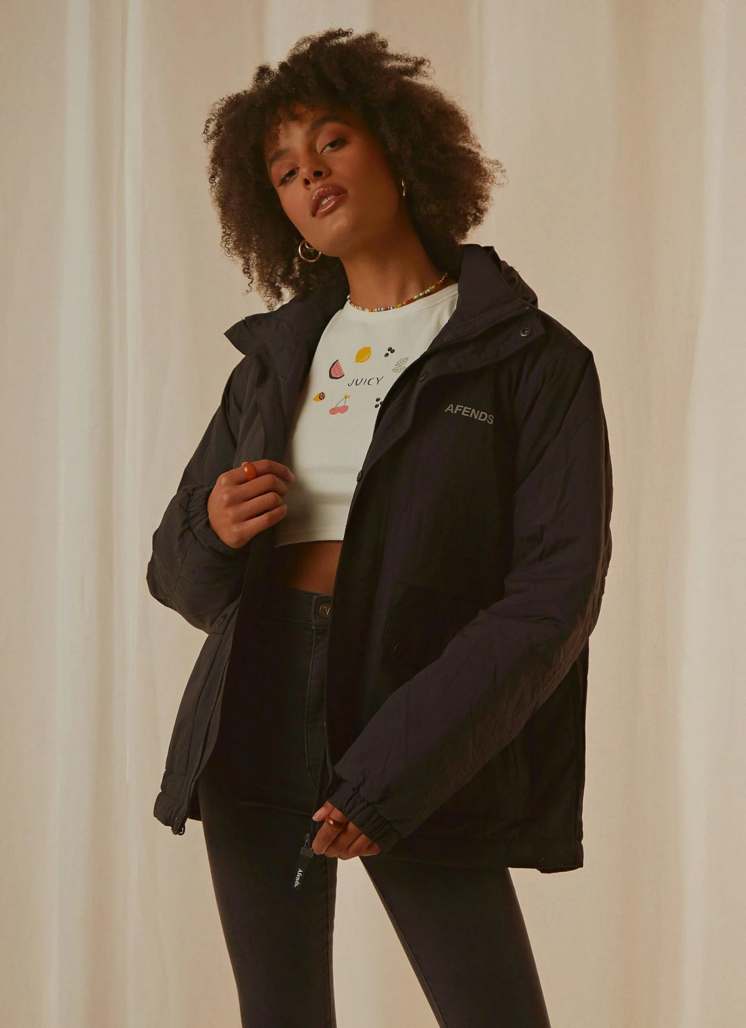 Afends Streetlights Unisex Recyled Nylon Anorak - Black 1 Afends Streetlights Unisex Recyled Nylon Anorak - Black