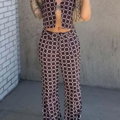 Romeo Pants - Chocolate Geo -Outfityo Sales sarajannemurray EvokeHalterTopxRomeoPants4 scaled